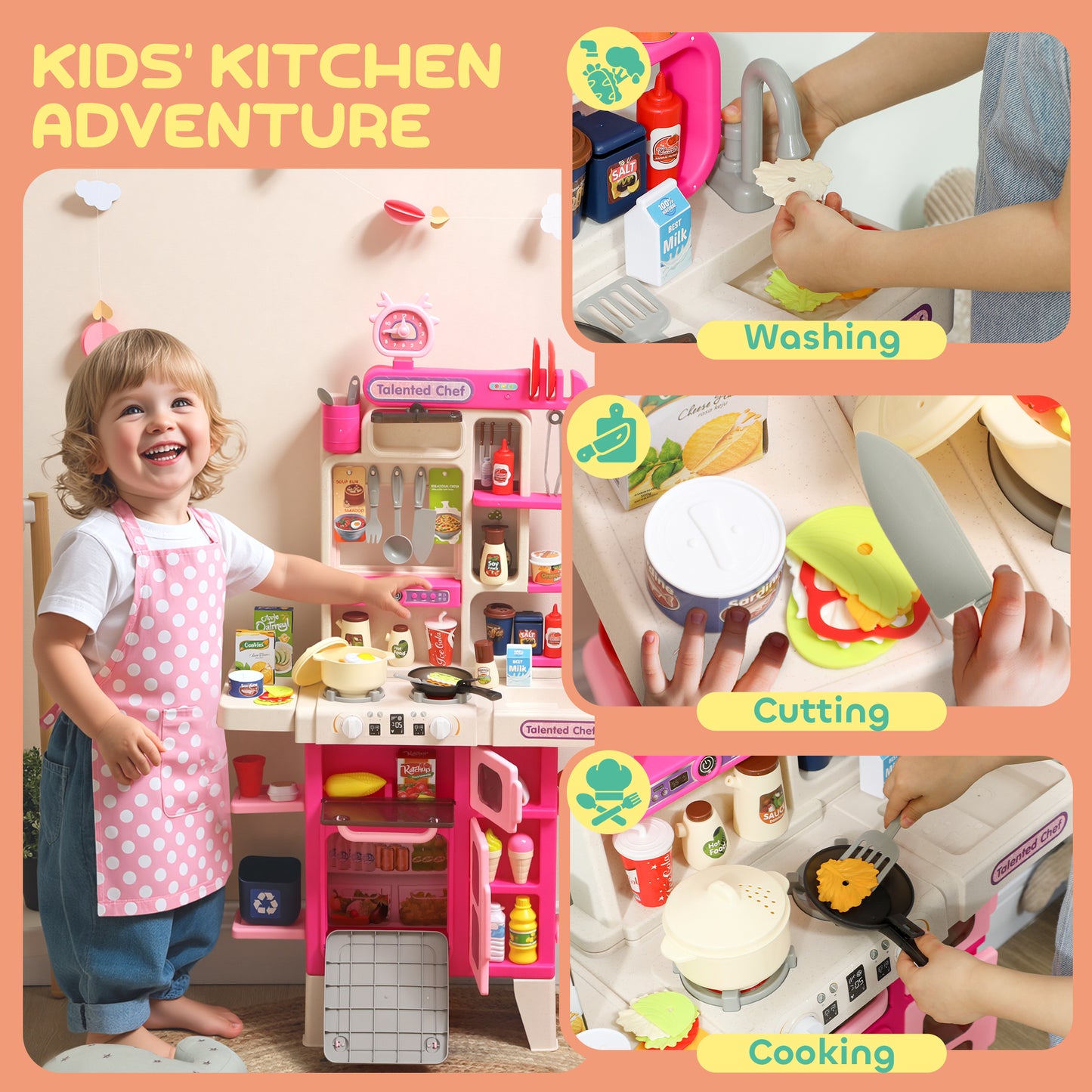 Pretend Play Kitchen Set with Realistic Lights & Sounds, 104PCS Toy Kitchen Accessories for Boys and Girls, Pink
