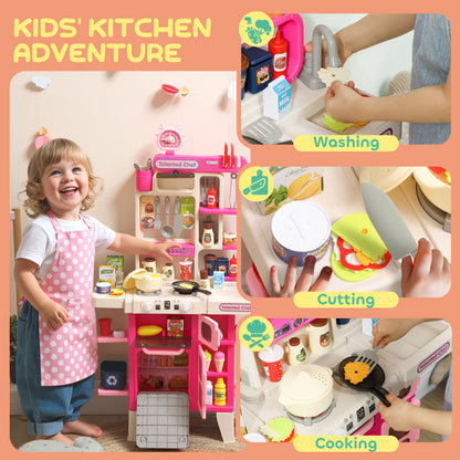 Pretend Play Kitchen Set with Realistic Lights & Sounds, 104PCS Toy Kitchen Accessories for Boys and Girls, Pink