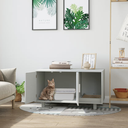 Wooden Cat Litter Box Enclosure & House with Nightstand/End Table Design, Scratcher, & Magnetic Doors, Grey