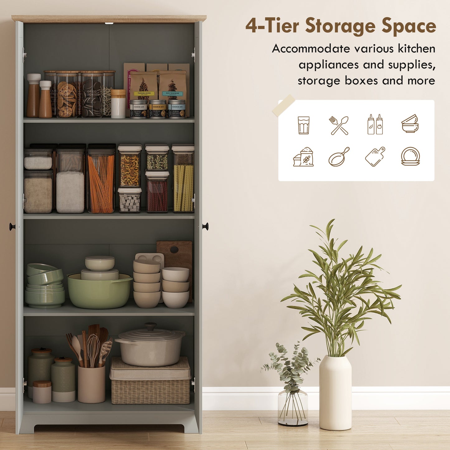 Kitchen Cupboard, 172cm Freestanding Storage Cabinet with Doors and Shelves, Grey