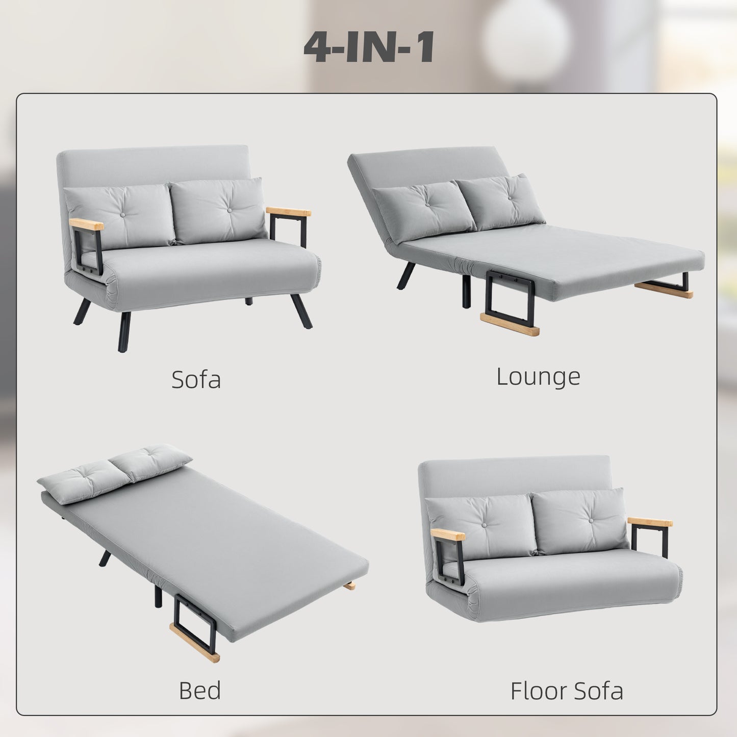 4-in-1 Velvet-Feel Double Sofa Bed, with Pillows - Light Grey
