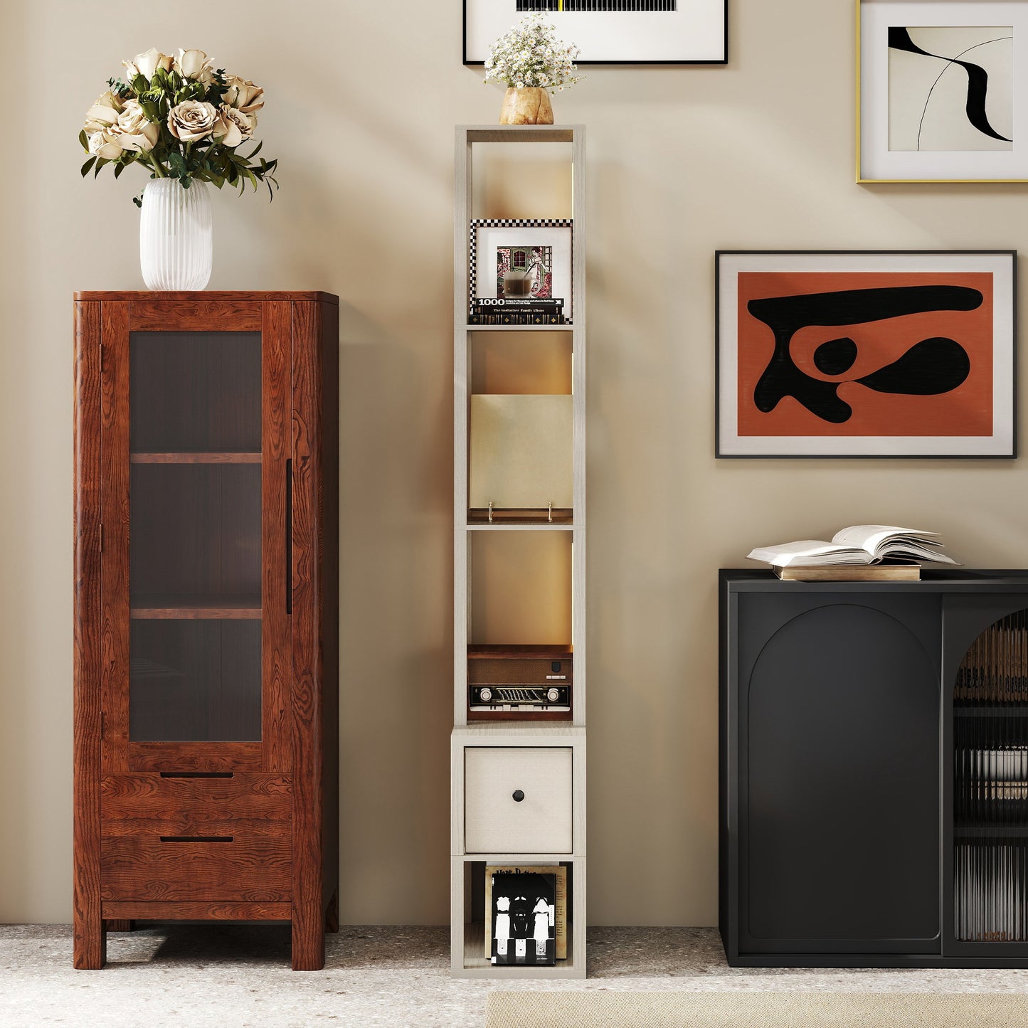 Floor Lamp with Shelves, LED Column Modern Standing Lamp with Fabric Drawer, Adjustable Brightness