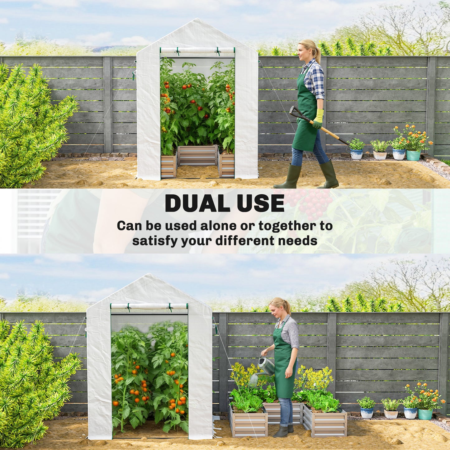 Small Greenhouse with Raised Garden Bed, Galvanised Walk-in Greenhouse with Roll Up Windows, 141 x 141 x 190 cm, White