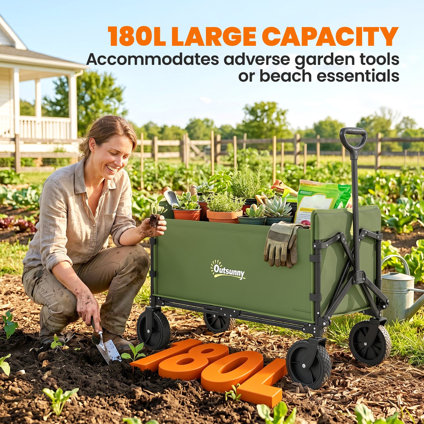 180L Festival Trolley on Wheels, Folding Compact Camping Trolley Cart with Adjustable Handle, 120 KG Capacity for Garden