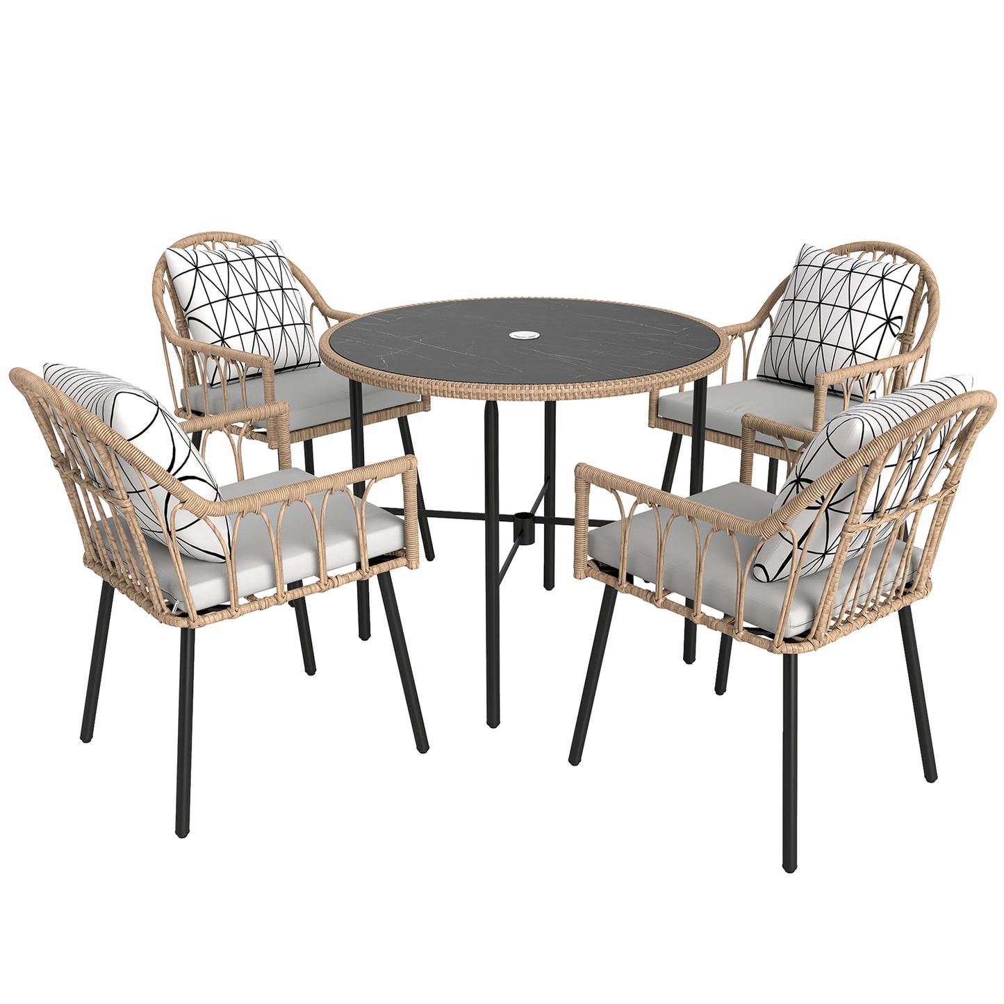 5 Piece Patio Rattan Dining Set, Wicker Garden Table and Chairs w/ Removable Seat & Back Cushions