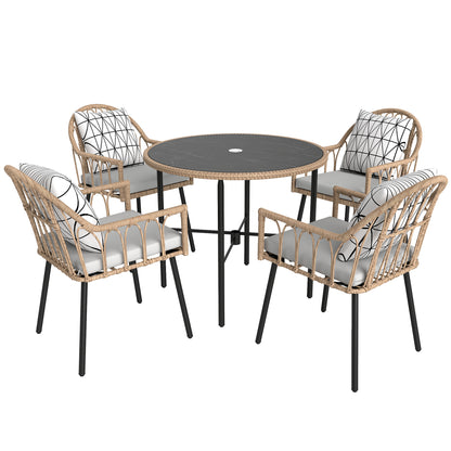 5 Piece Patio Rattan Dining Set, Wicker Garden Table and Chairs w/ Removable Seat & Back Cushions