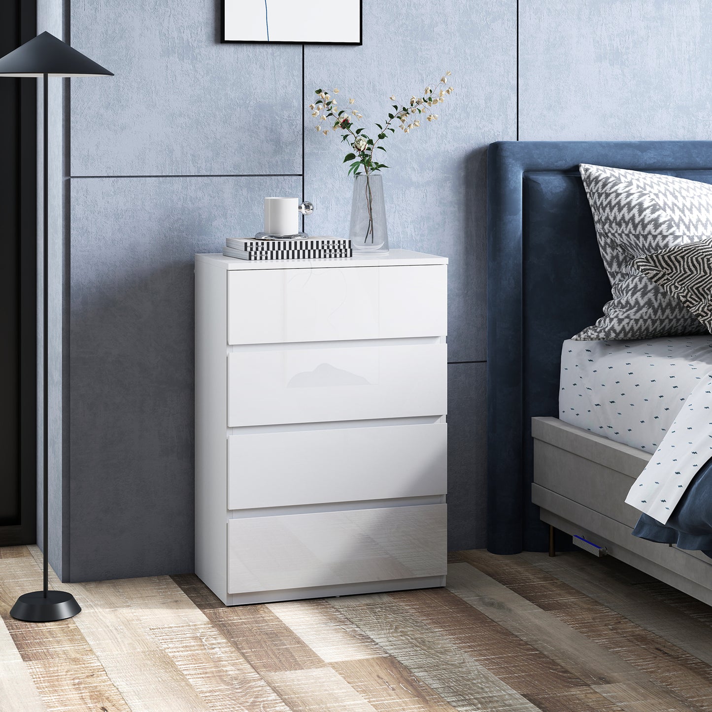 High Gloss Chest of Drawers, 4-Drawer Storage Cabinets, Modern Dresser for Bedroom, White