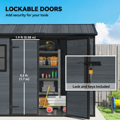 8 x 4 ft Resin Garden Shed, Wood-Effect Outdoor Storage Shed with Floor, Windows, Lockable Doors and Vents, Dark Grey