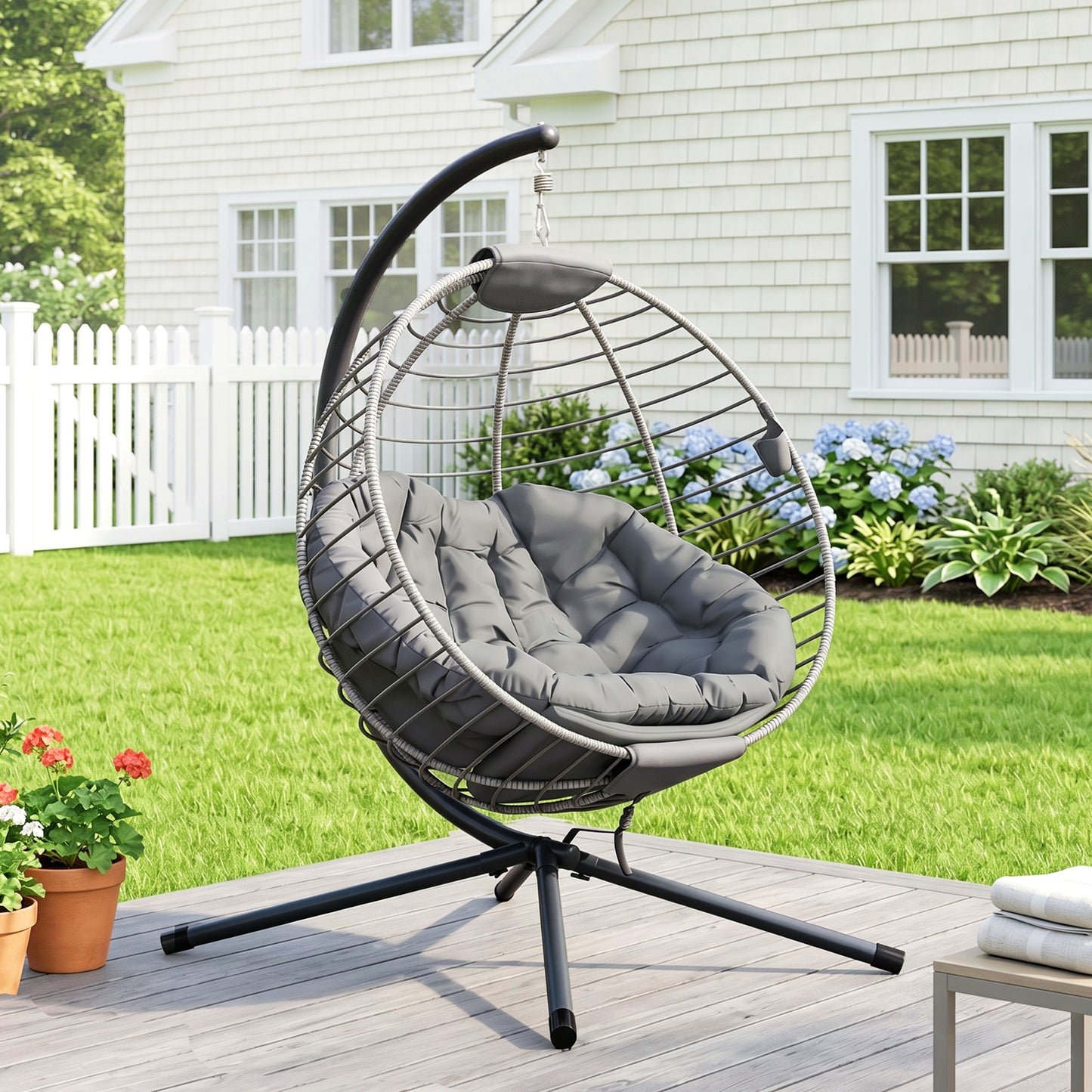 PE Rattan Swing Chair, Outdoor Hanging Chair with Metal Stand, Thick Padded Cushion, Foldable Basket and Cup Holder