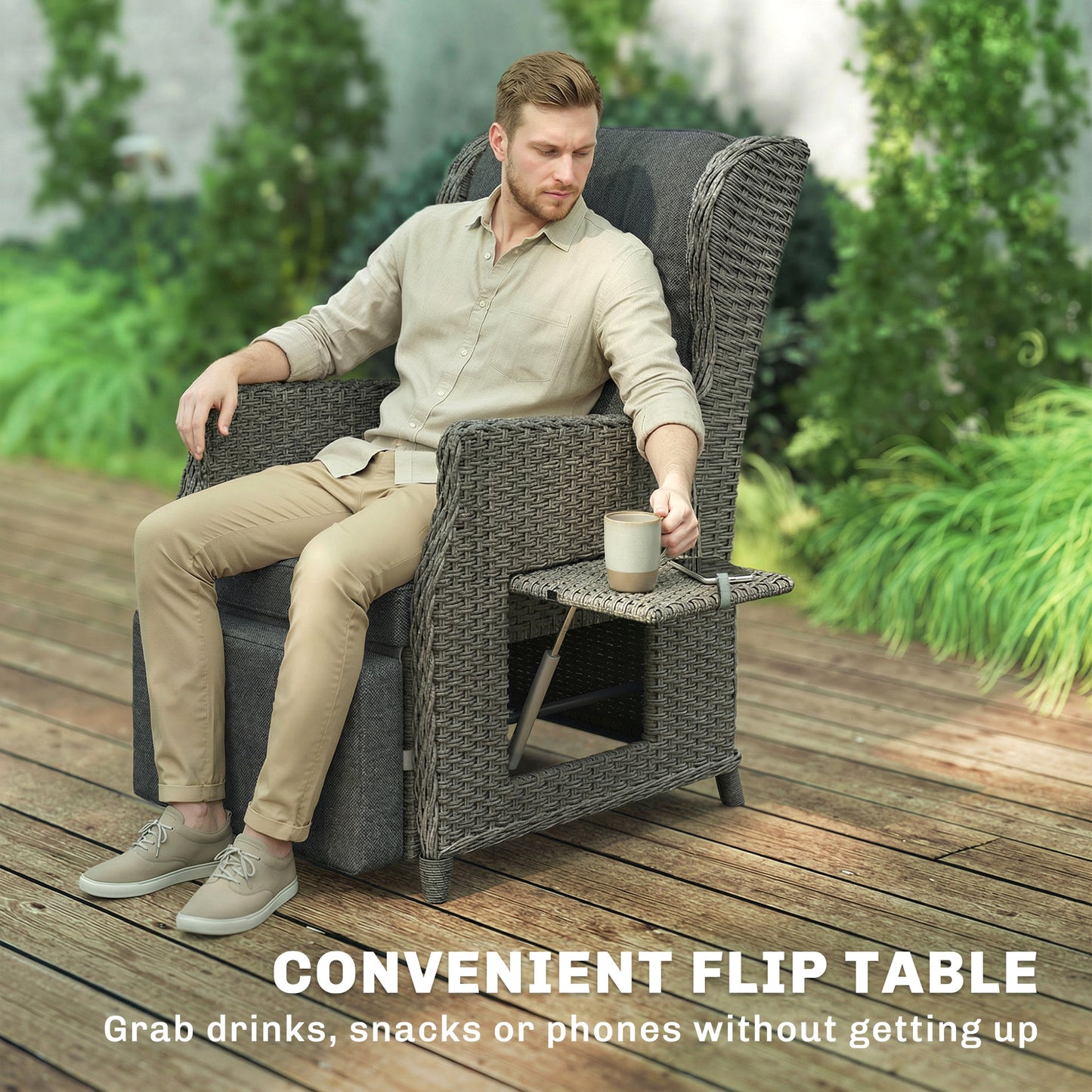 Rattan Garden Recliner Chair, Reclining Garden Chair with Adjustable Back and Footrest, Flip Table, Cushion, Dark Grey