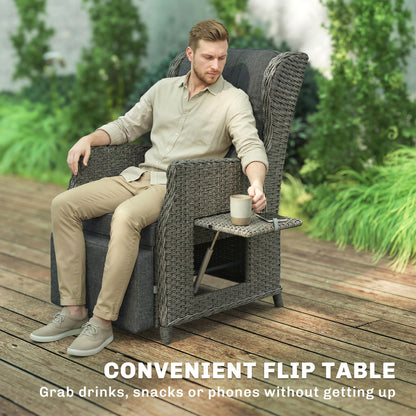 Rattan Garden Recliner Chair, Reclining Garden Chair with Adjustable Back and Footrest, Flip Table, Cushion, Dark Grey