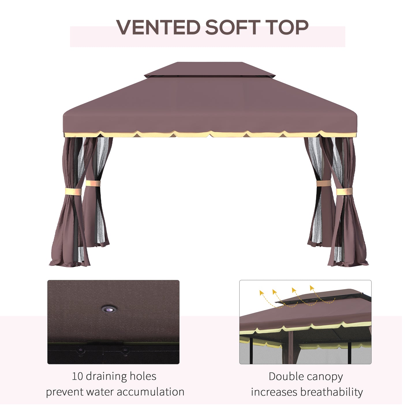 3 x 4m Aluminium Garden Gazebo, Marquee Canopy Shelter Pavilion Party Tent with Nets and Curtains for Garden and Deck, Coffee