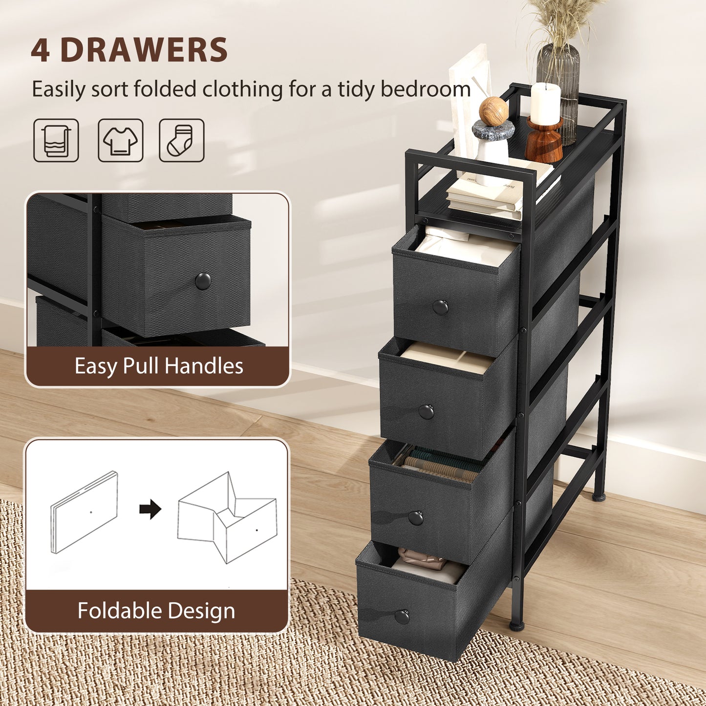 4 Drawer Fabric Dresser Chest of Drawers, Slim Storage Cabinet with Steel Frame for Small Spaces, Bedroom, Black