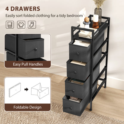 4 Drawer Fabric Dresser Chest of Drawers, Slim Storage Cabinet with Steel Frame for Small Spaces, Bedroom, Black