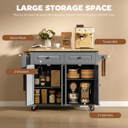 Rolling Kitchen Island Storage Trolley with Rubber Wood Top & Drawers for Dining Room, Grey
