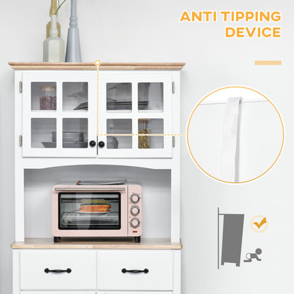 Freestanding Kitchen Cupboard, Kitchen Storage Cabinet with Framed Glass Doors, 2 Drawers, Microwave Counter, 172cm, White