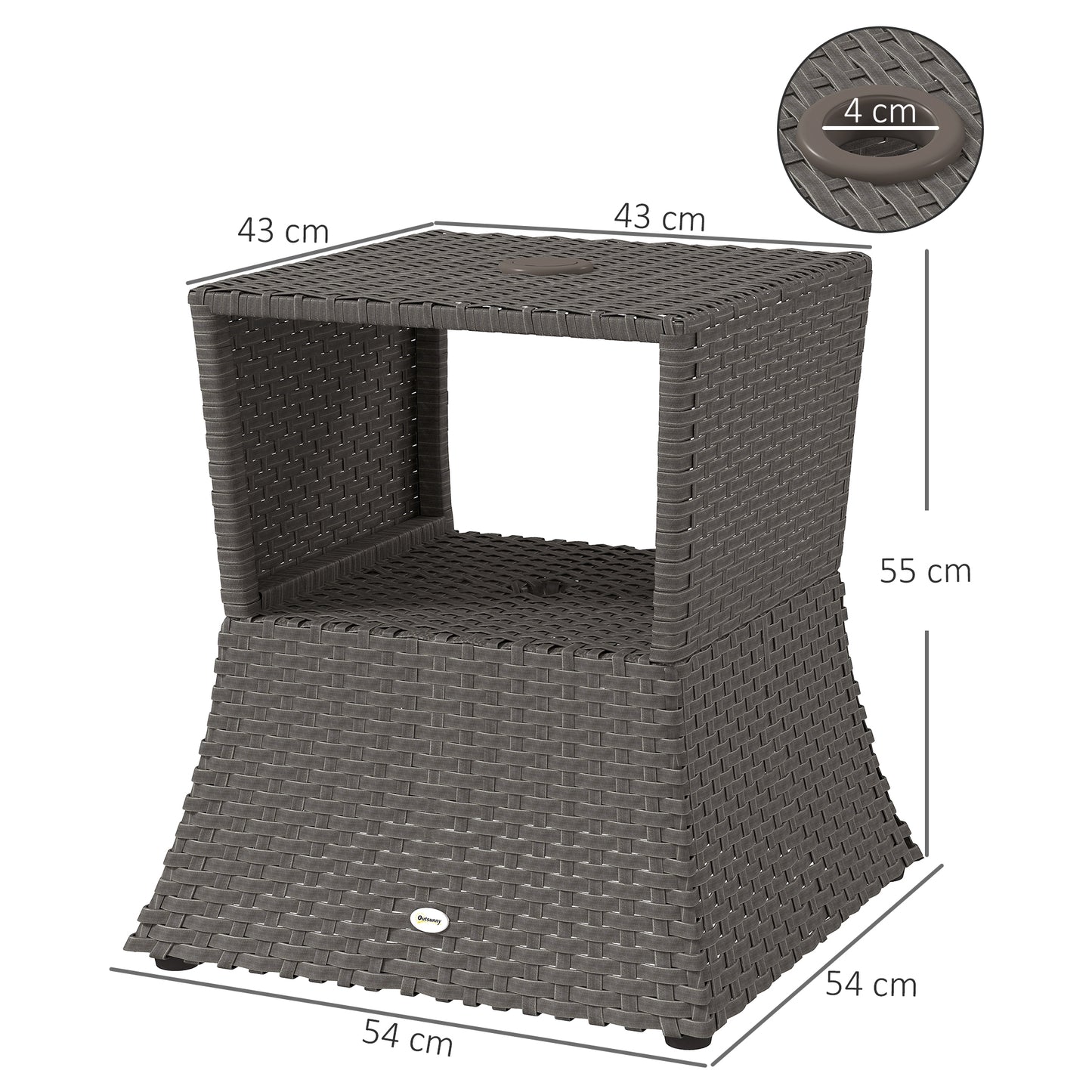 Rattan Outdoor Coffee Table, Wicker Garden Patio Bistro Side Table with Umbrella Hole and Storage Space, Dark Grey