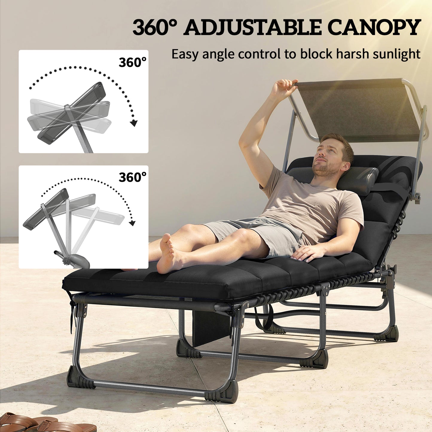 Folding Sun Loungers Set of 2 with Canopy, Reclining Sunbed with Cushion, Side Pocket, Carrying Handle, Black