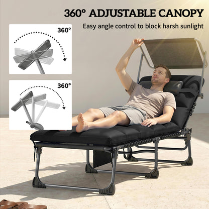 Folding Sun Loungers Set of 2 with Canopy, Reclining Sunbed with Cushion, Side Pocket, Carrying Handle, Black