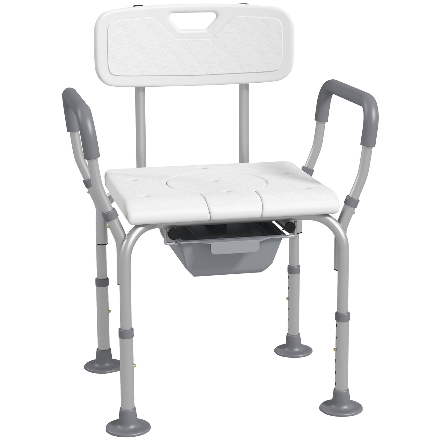 Height Adjustable Shower Stool with Arms and Back, Non-Slip Bedside Commode with Detachable Bucket for Elderly, White