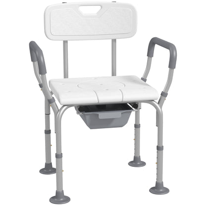 Height Adjustable Shower Stool with Arms and Back, Non-Slip Bedside Commode with Detachable Bucket for Elderly, White