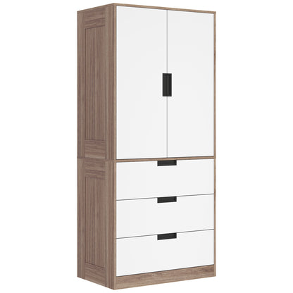 Modern Clothes Storage Cupboard Unit, 3 Drawer 2 Door Wardrobe with Hanging Rod, White/Brown
