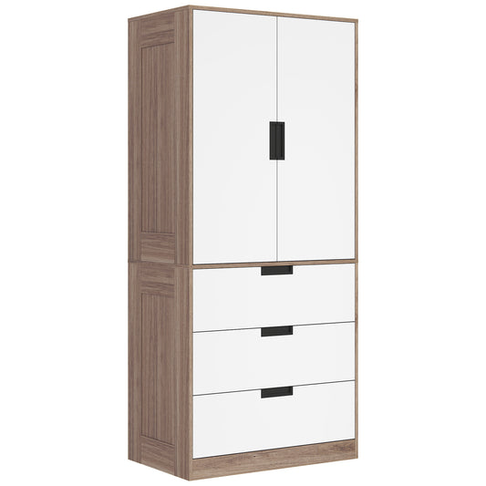 Modern Clothes Storage Cupboard Unit, 3 Drawer 2 Door Wardrobe with Hanging Rod, White/Brown