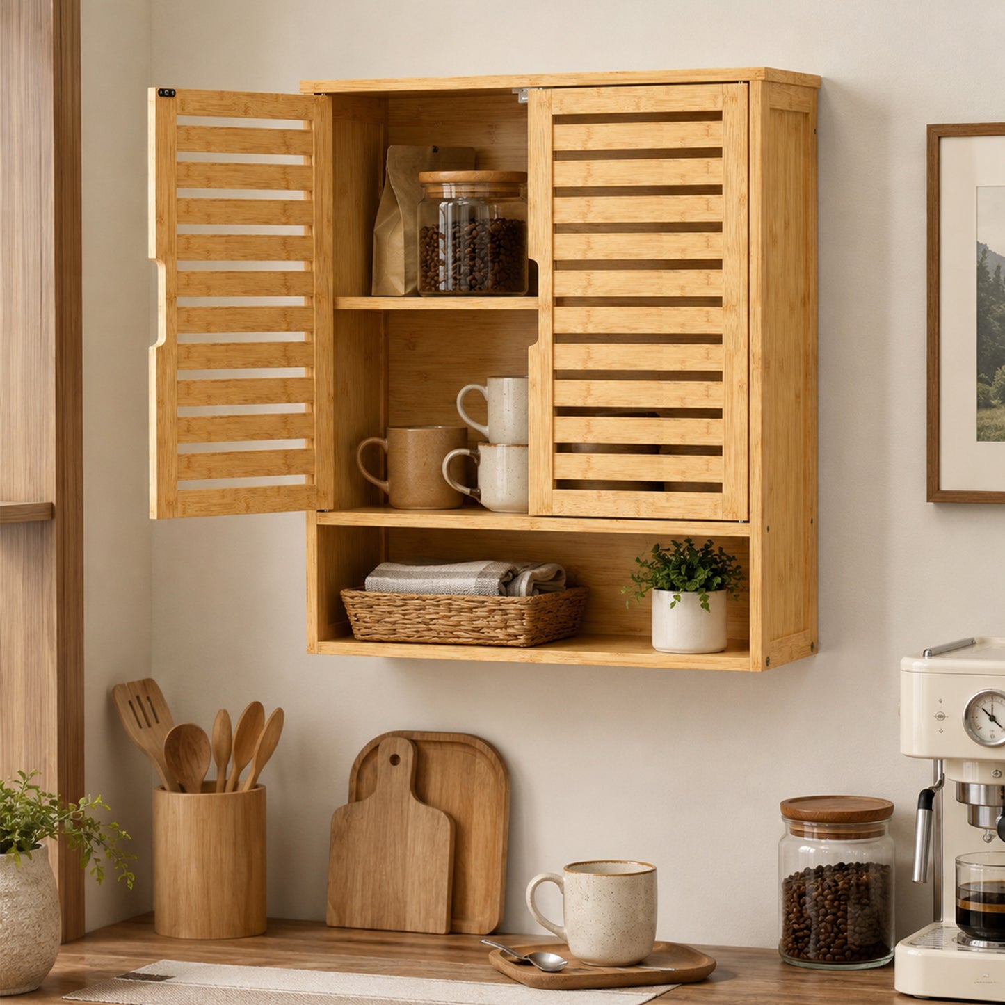 Bathroom Wall Cabinet, Wall Mounted Bathroom Cabinet with 2 Louvered Doors, Open Shelf and Adjustable Shelf Storage