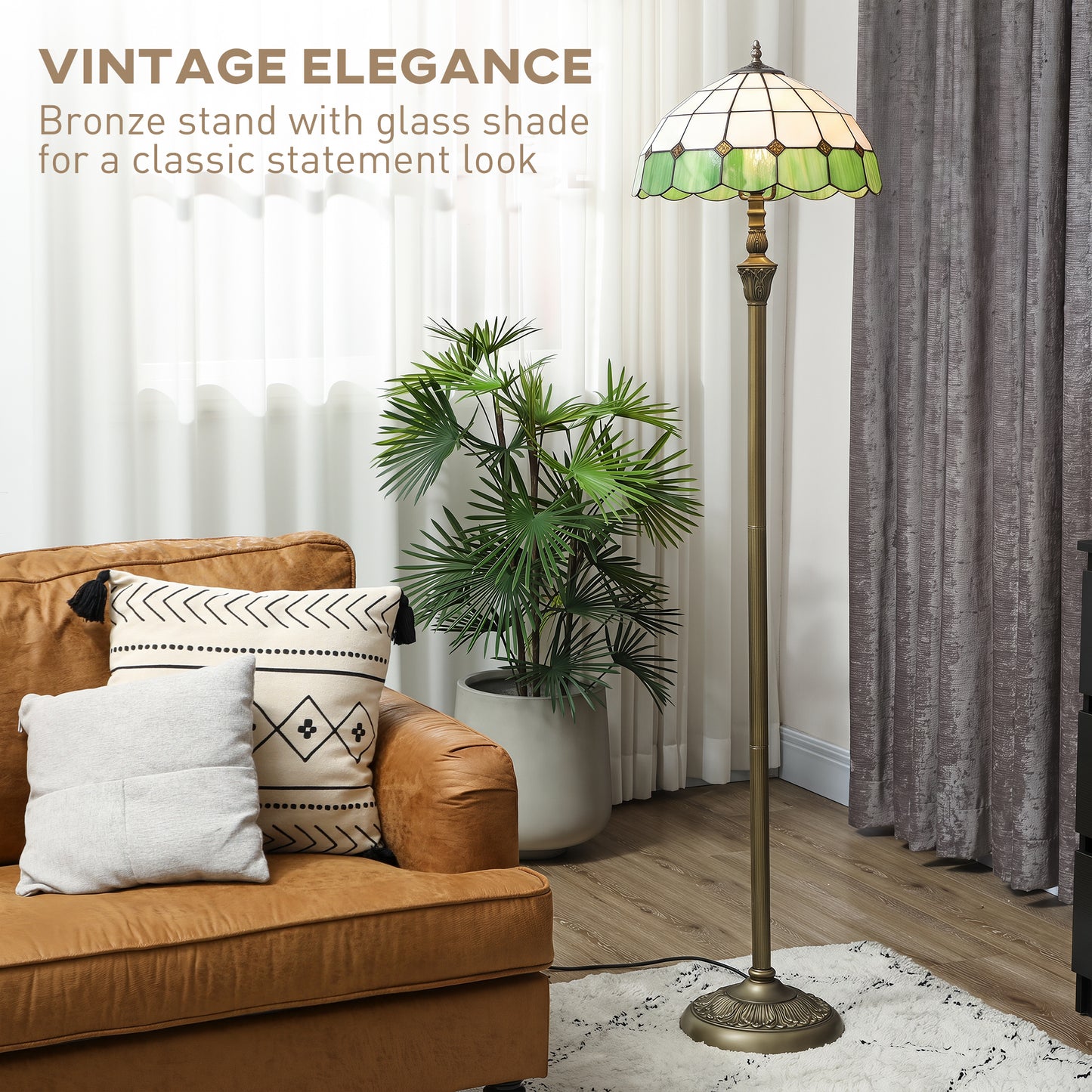 Tiffany-Style Floor Lamp with Handcrafted Stained Glass Shade, 152cm Tall Vintage Standing Lamp, Bronze Tone and Green