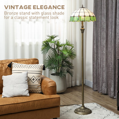 Tiffany-Style Floor Lamp with Handcrafted Stained Glass Shade, 152cm Tall Vintage Standing Lamp, Bronze Tone and Green