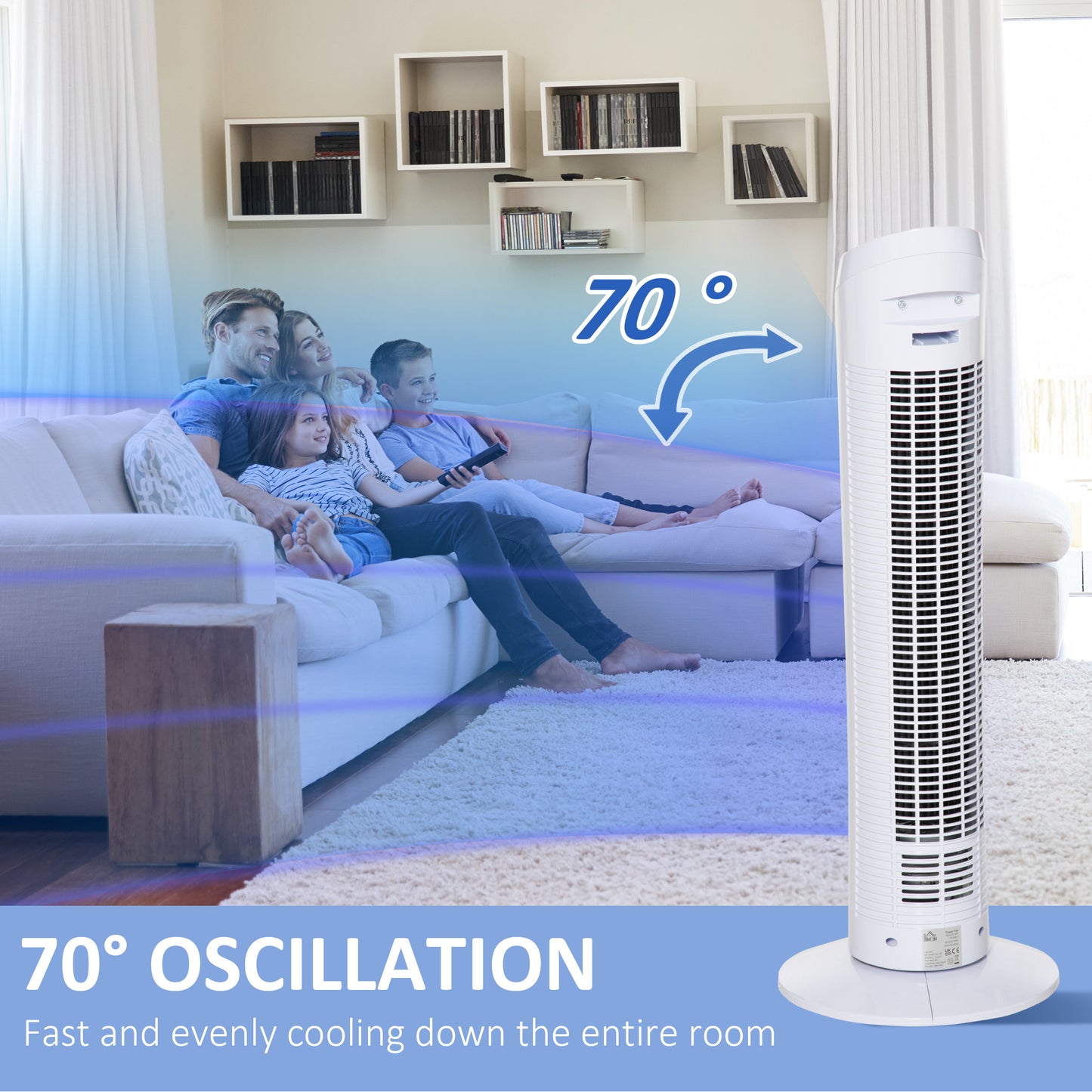 Tower Fan for Bedroom Cooling, 30 Inch Electric 70° Oscillating Fan with 3 Speed Settings