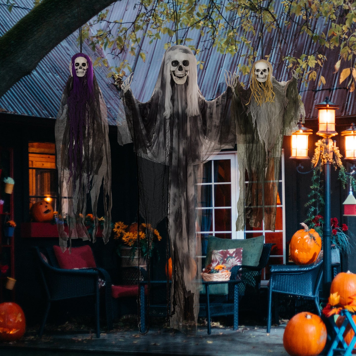 Set of 3 Hanging Skeleton Halloween Decorations, Scary Flying Ghost for Garden, Party, 90/110/170cm