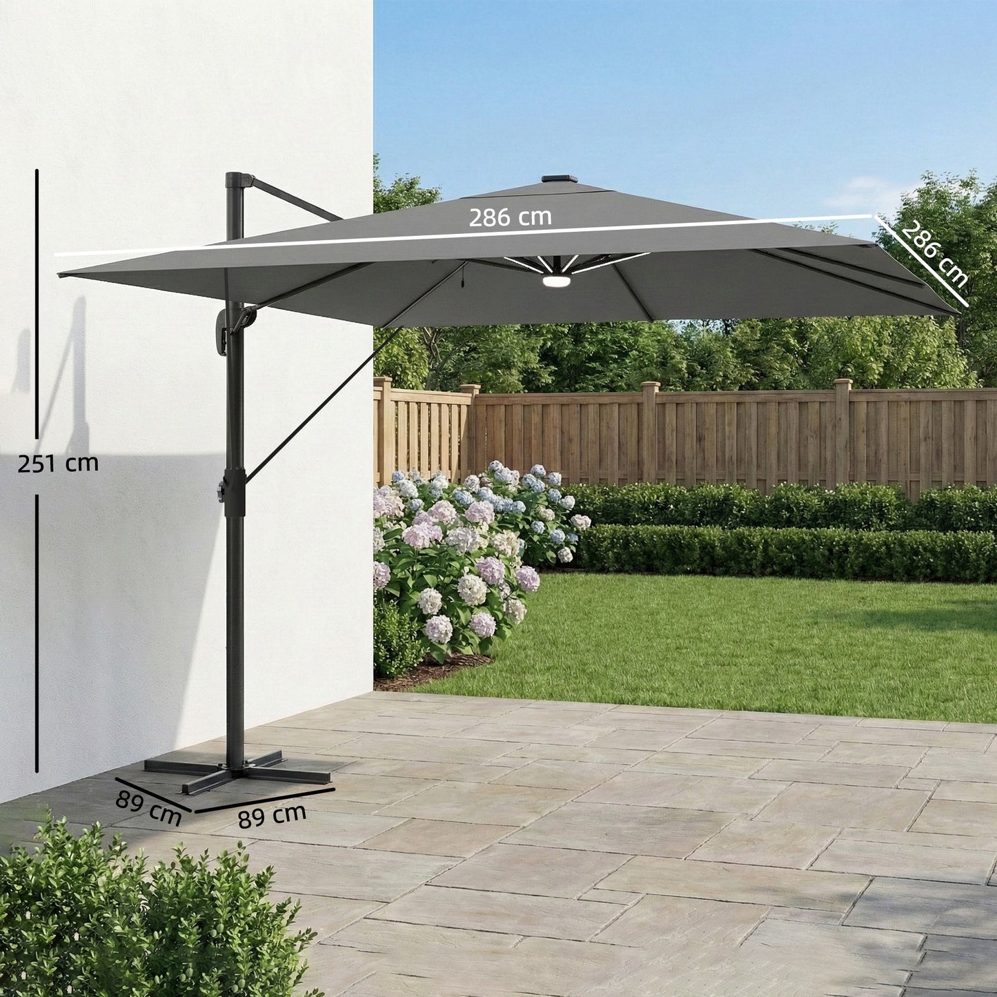 3 x 3 m Garden Cantilever Parasol with Light, Cover, Overhanging Umbrella w/ Wind Protection, 360° Rotation, Light Grey