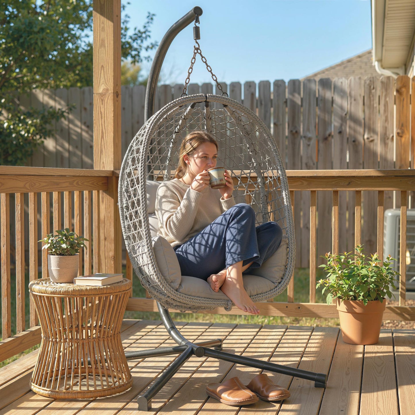 Hanging Egg Chair, Indoor Outdoor Rattan Hammock Swing Chair with Stand, Safety Strap, Foldable Basket, Light Grey