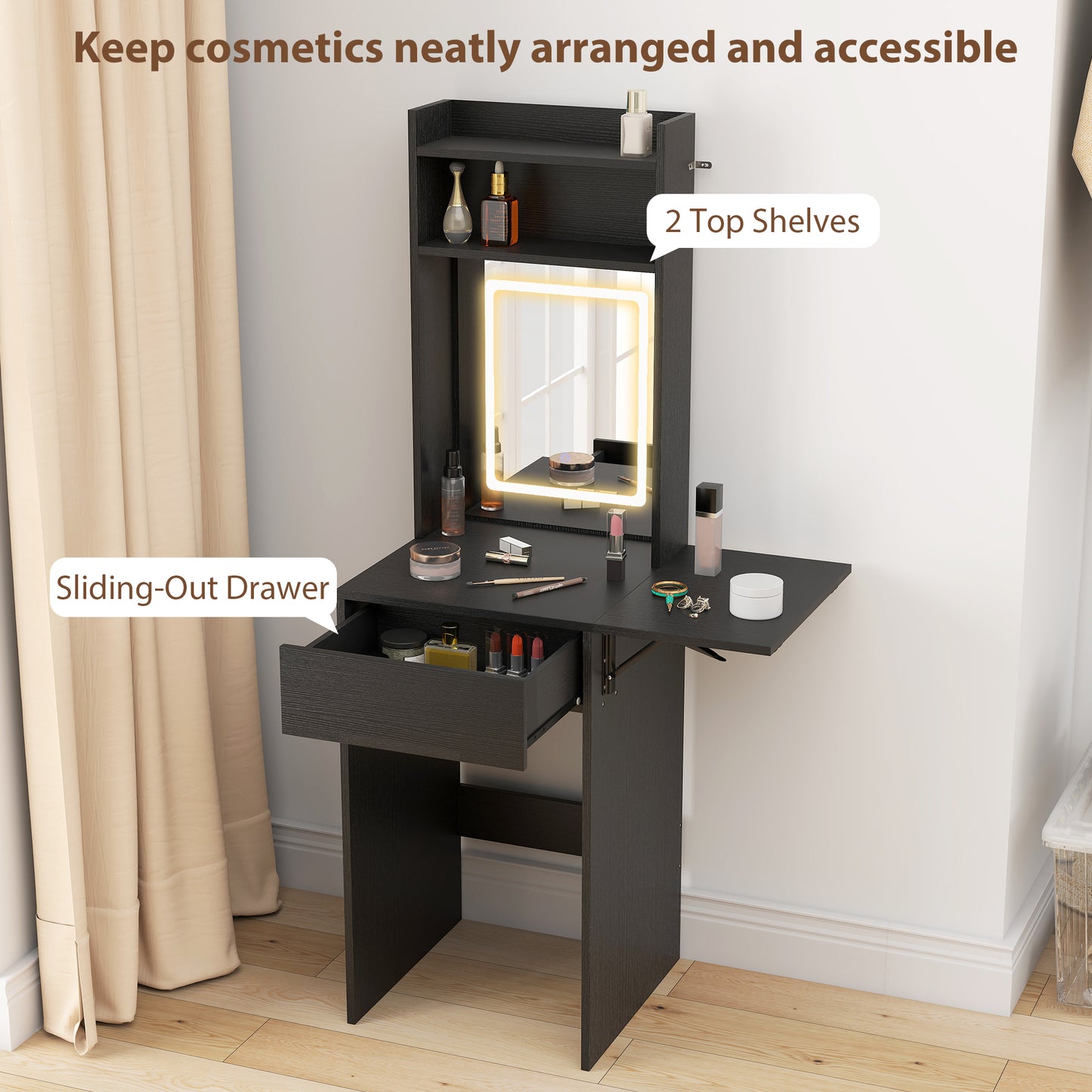 Small Vanity Desk with Mirror and LED Lights, Compact Dressing Table with Drop Leaf, Open Shelves and Drawer, Black