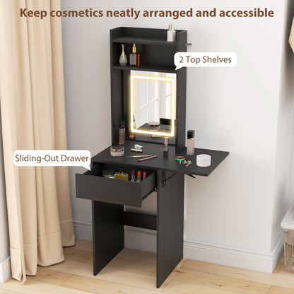 Small Vanity Desk with Mirror and LED Lights, Compact Dressing Table with Drop Leaf, Open Shelves and Drawer, Black