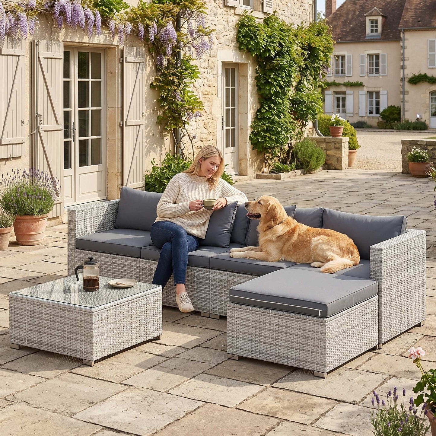 6 Pieces Rattan Corner Sofa Set - Mixed Grey