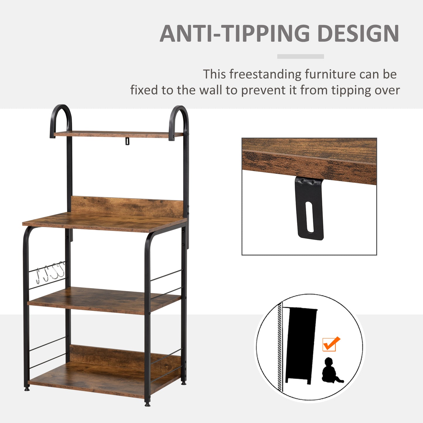 4-Tier Baker's Rack, Microwave Stand with 4 Hooks, Kitchen Storage Unit for Spices, Pots and Pans, Rustic Brown