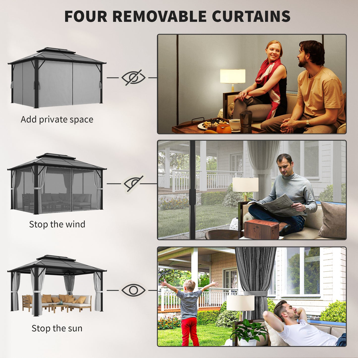 3 x 4m Hardtop Gazebo Canopy with UPF30+ Double Polycarbonate Roof, Aluminium Frame Garden Gazebo Permanent Pavilion