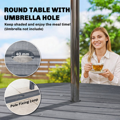 5 Pieces Garden Dining Set with Parasol Hole, Round Outdoor Table and Chairs, 4 Seater Wooden Garden Furniture, Grey
