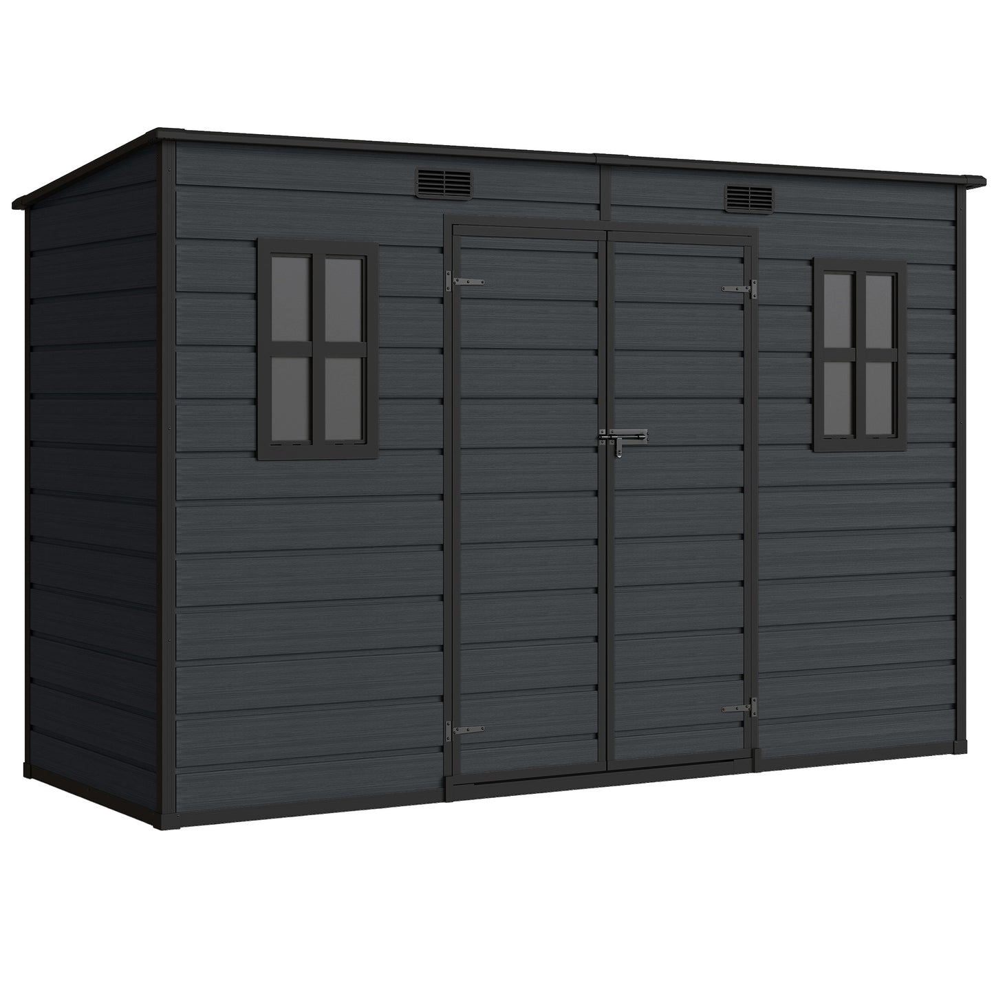 10 x 4 ft Resin Garden Shed, Outdoor Storage Shed with Floor, Windows, Lockable Doors and Vents, Dark Grey