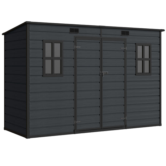 10 x 4 ft Resin Garden Shed, Outdoor Storage Shed with Floor, Windows, Lockable Doors and Vents, Dark Grey