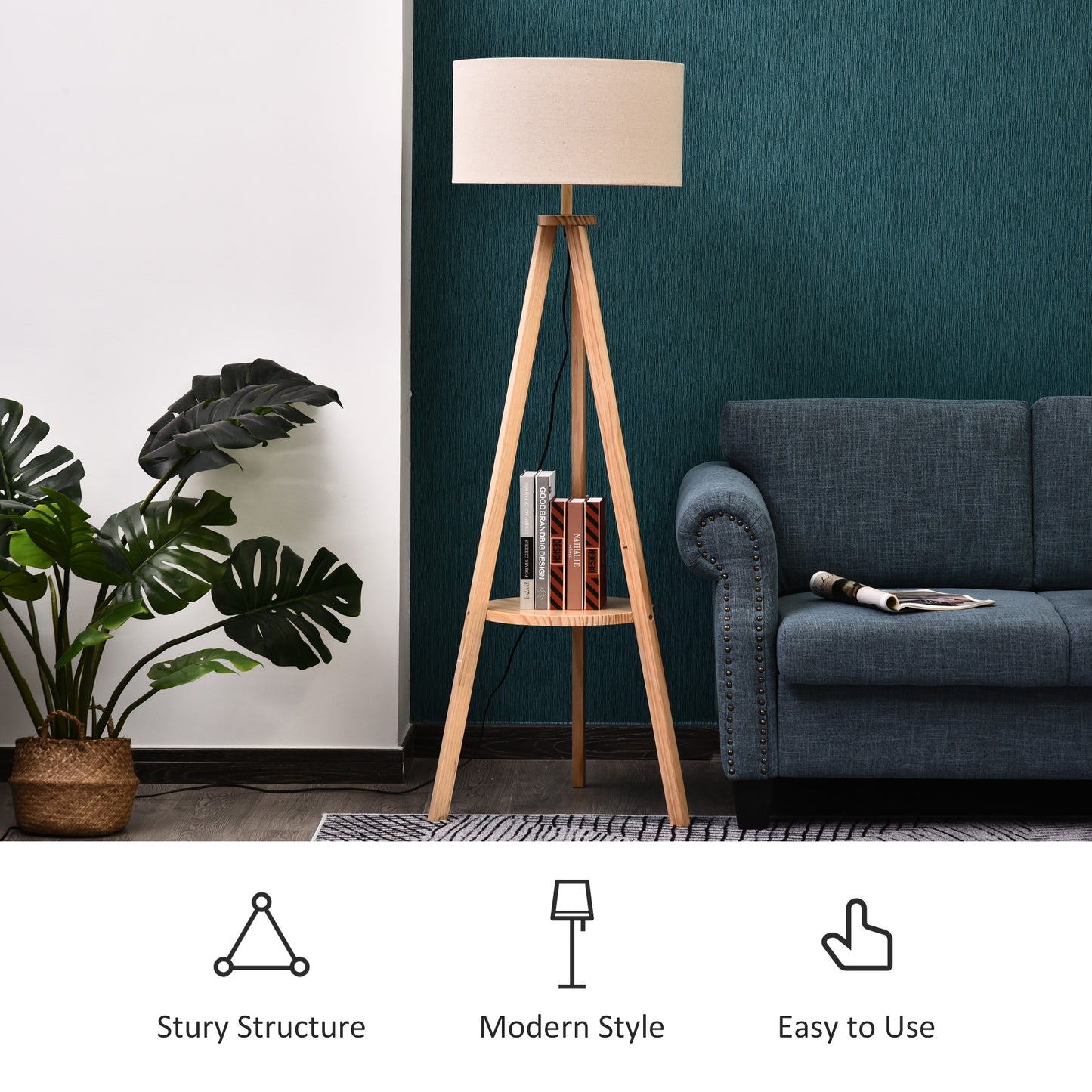 Tripod Floor Lamp, Freestanding Bedside Light Reading Light with Storage Shelf and Linen Shade for Living Room Bedroom
