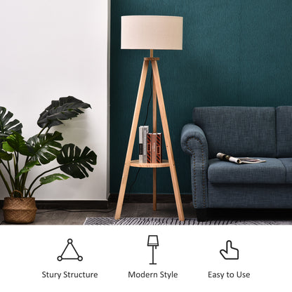 Tripod Floor Lamp, Freestanding Bedside Light Reading Light with Storage Shelf and Linen Shade for Living Room Bedroom