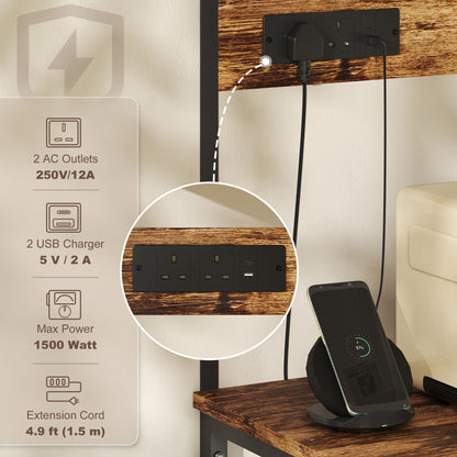 Kitchen Storage Rack, Bakers Rack with Power Outlet, USB Charger, Rustic Brown