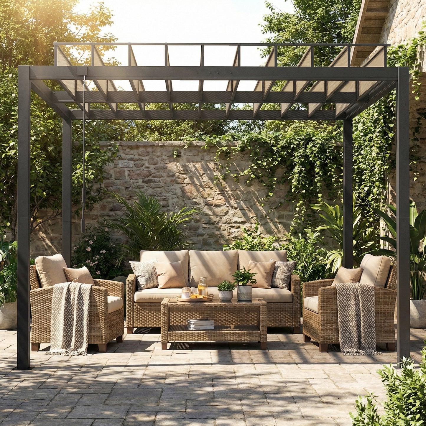 3 x 3 m Louvered Pergola with PC Roof, Aluminium Patio Gazebo Pergola Canopy with Drainage Gutters, Handle, Coffee