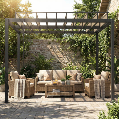 3 x 3 m Louvered Pergola with PC Roof, Aluminium Patio Gazebo Pergola Canopy with Drainage Gutters, Handle, Coffee