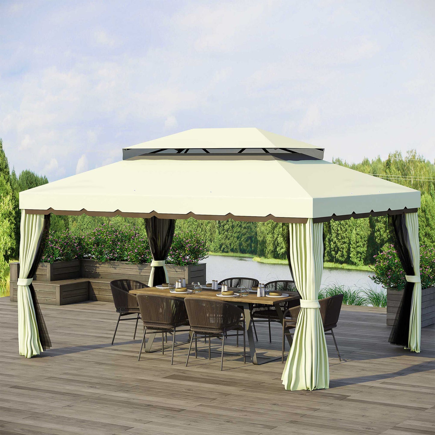 4 x 3 m Aluminum Garden Gazebo, Double Roof Outdoor Gazebo Canopy Shelter with Netting & Curtains for Garden, Lawn