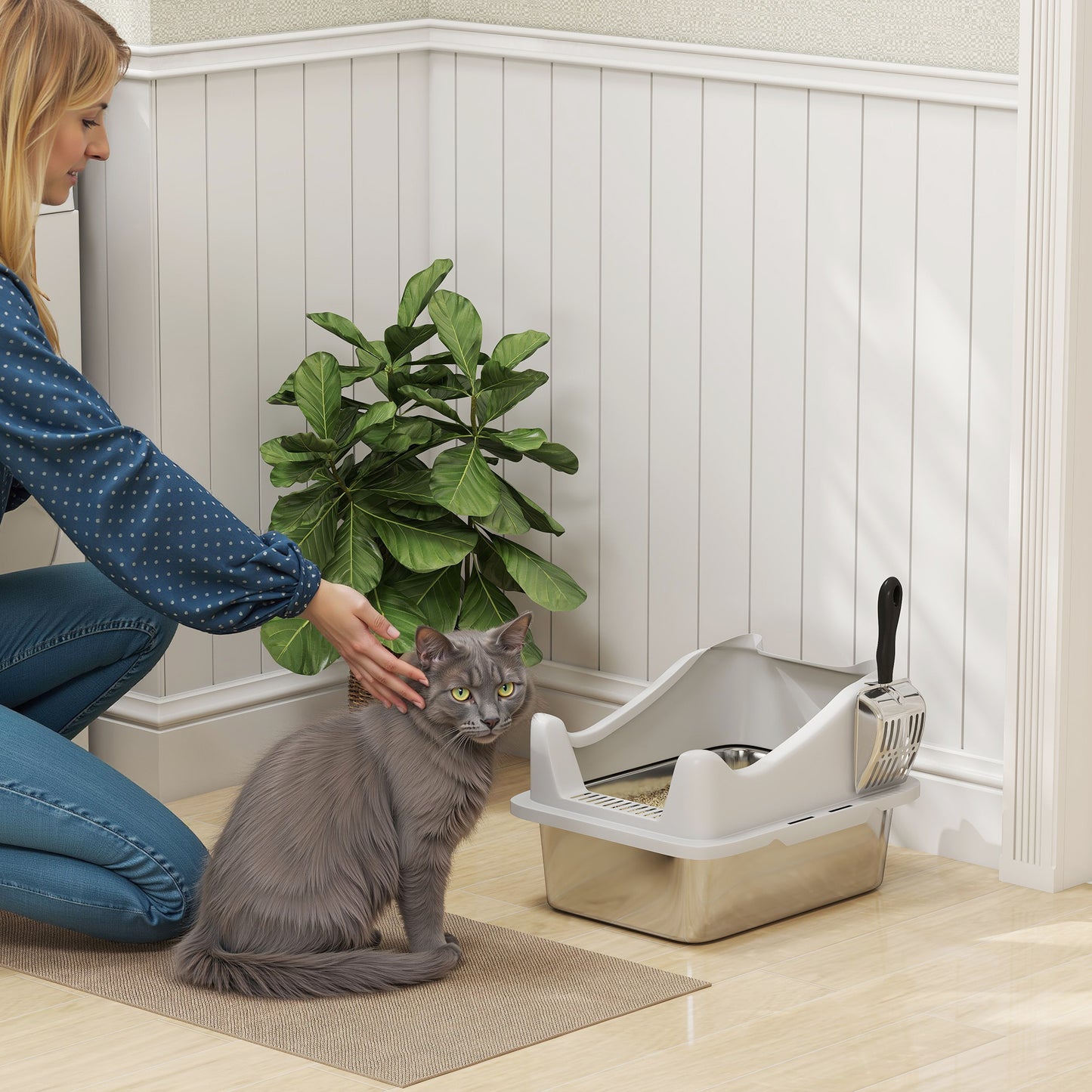 Stainless Steel Cat Litter Box with High Sides, Metal Scoop, 43 x 33 x 25 cm