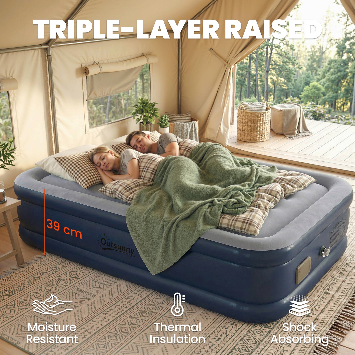 Inflatable Mattress, Double Air Bed with Built-in Electric Pump, 3 Mins Inflation, Flocked Surface, Grey
